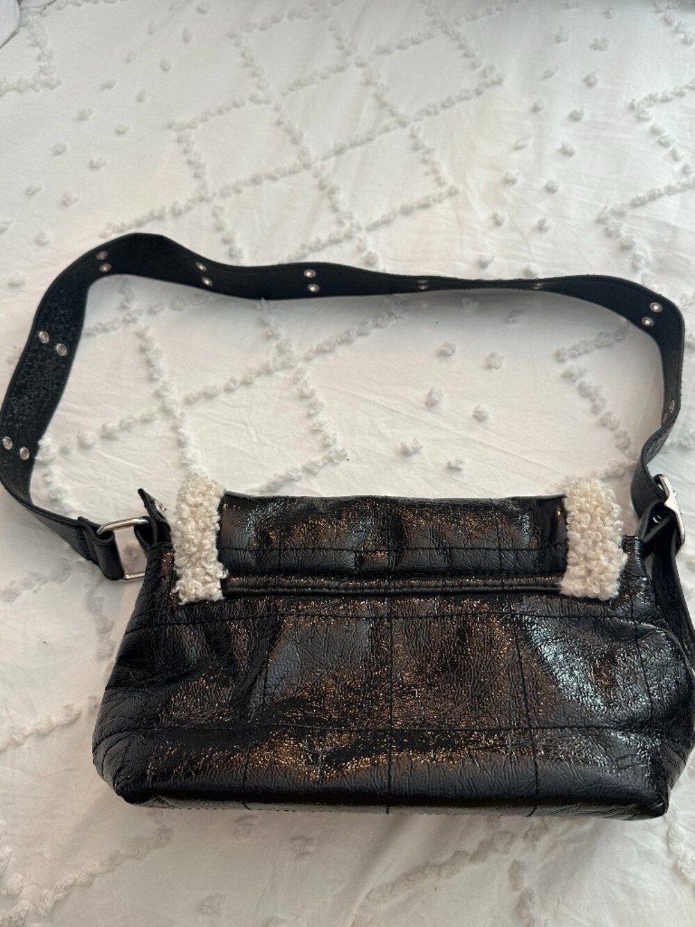 Topshop Y2K Black Faux Leather Sherpa Trim Baguette Shoulder Bag - Picture 2 of 11